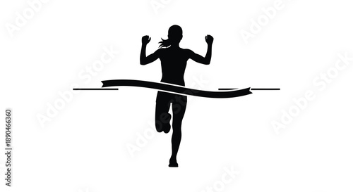 A female runner triumphantly crosses a finish line arms raised in victory depicted as a striking silhouette high quality professional detailed