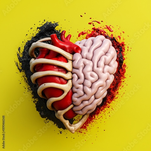 3D heart and brain combined into one shape, representing emotion and logic on a yellow background.
