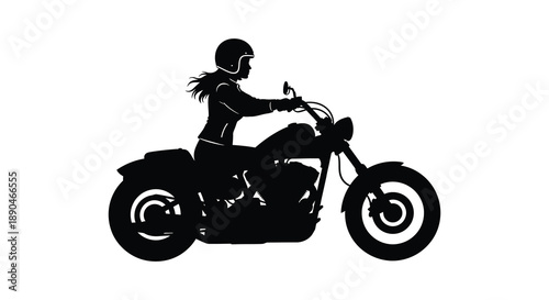 A striking black silhouette depicts a woman riding a classic motorcycle showcasing speed and freedom on the open road silhouette