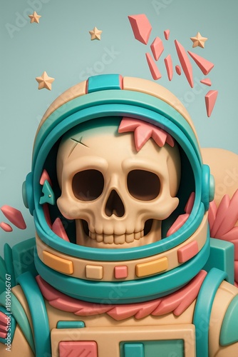 A stylized skull inside a pastel space helmet with floating fragments and stars on a blue background.