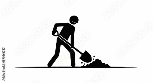 Stick figure digging in dirt with shovel.