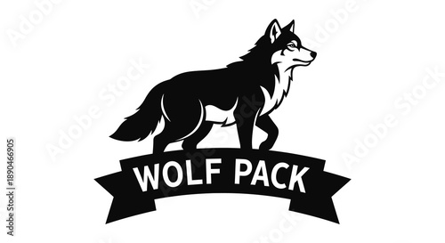 A striking black wolf head illustration with a ribbon banner displaying wolf pack a bold silhouette high quality professional detailed