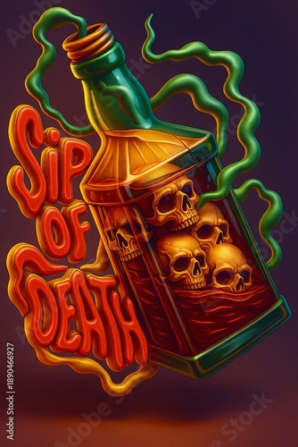 A glowing bottle filled with skulls and red liquid, titled 