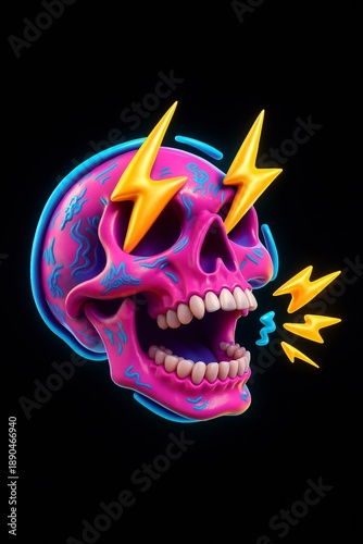 Neon pink skull screaming with yellow lightning bolts on eyes and mouth, dark background, electric art.