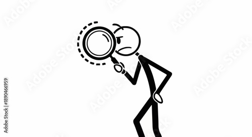 Stick figure character looking through a magnifying glass.
