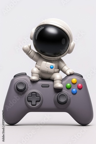 Cute astronaut holding a game controller, glossy helmet, playful 3D style on a clean background.