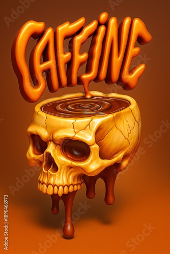 Golden skull coffee cup dripping liquid under bold caffeine text, dark background, surreal and intense art.