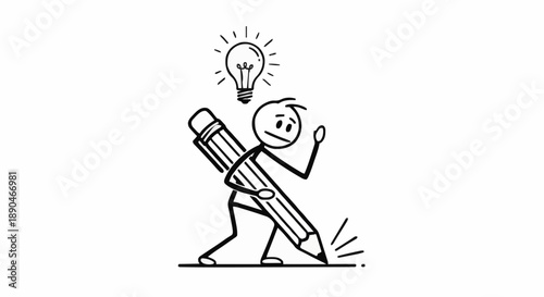 Stick figure character with large pencil and lightbulb idea symbol.