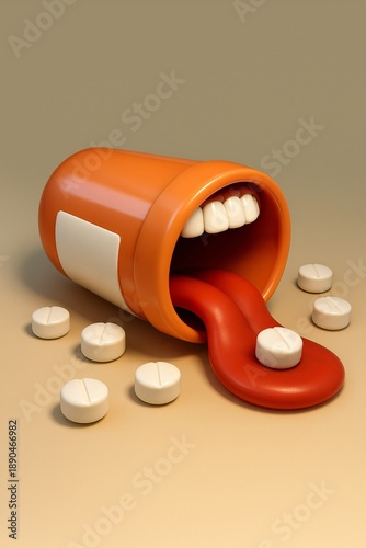 Orange pill bottle spilling tablets, designed as a mouth with teeth and tongue on a beige background.