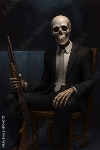 Skeleton in a formal suit sits holding a rifle, calm posture contrasting dark, elegant cinematic atmosphere.