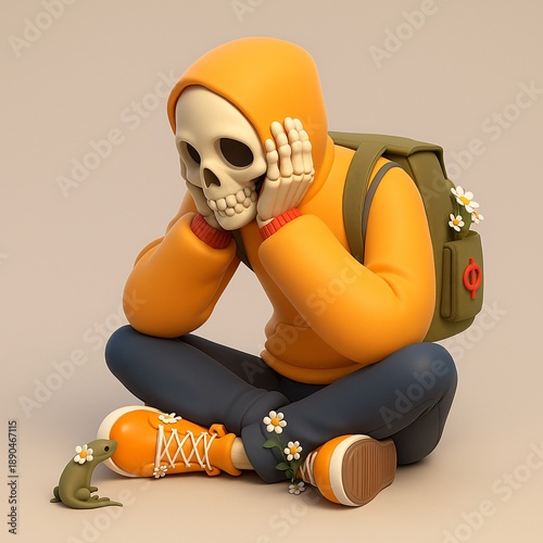 Cute skeleton sits sadly in an orange hoodie with a backpack, blending melancholy and charm in 3D art.