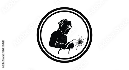 A circular design showcases a welder in action complete with protective gear and sparks presented as a silhouette high quality professional
