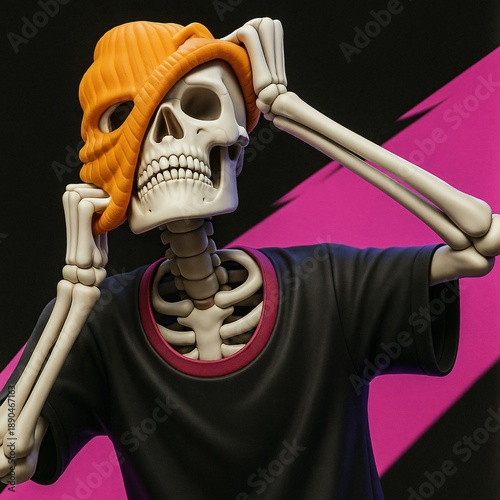 Stylish skeleton adjusts an orange beanie, modern street vibe blending humor and edgy 3D illustration.
