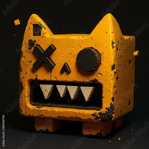 Rough yellow monster cube snarls with sharp teeth and damaged texture, playful yet menacing 3D style art.