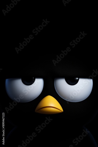 A dark, grumpy cartoon bird with half-lidded eyes and a yellow beak staring forward. ominously night