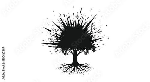 A stark black tree bursts with fragmented energy resembling an explosion of dark splinters a dramatic silhouette high quality professional detailed modern
