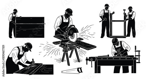 A group of construction workers performing various tasks with tools depicted in a striking black silhouette high quality professional detailed modern
