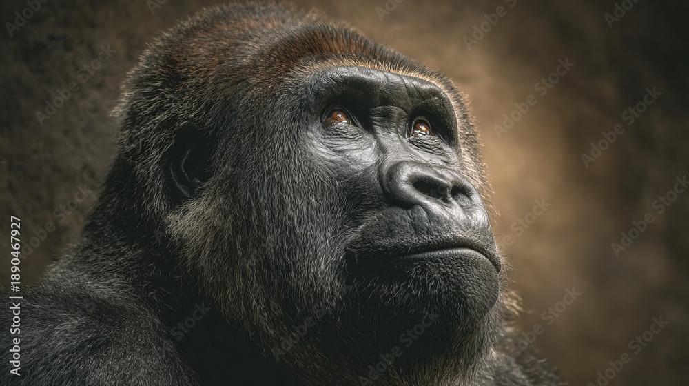 Obraz premium A close-up portrait of a majestic gorilla looking up with a contemplative expression