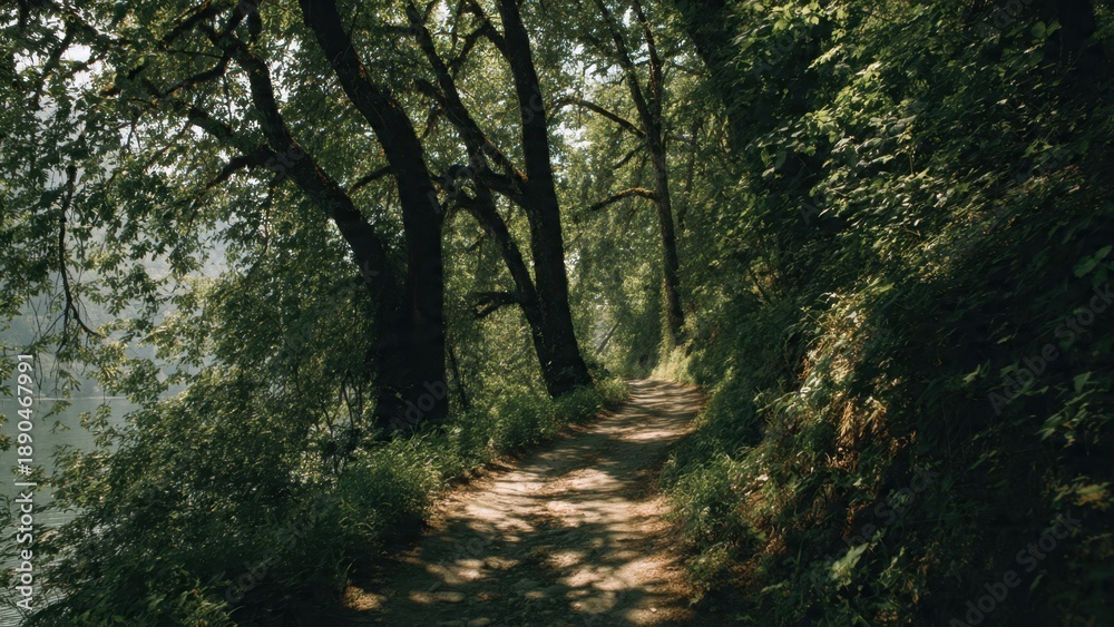 Obraz premium Forest path in dappled sunlight