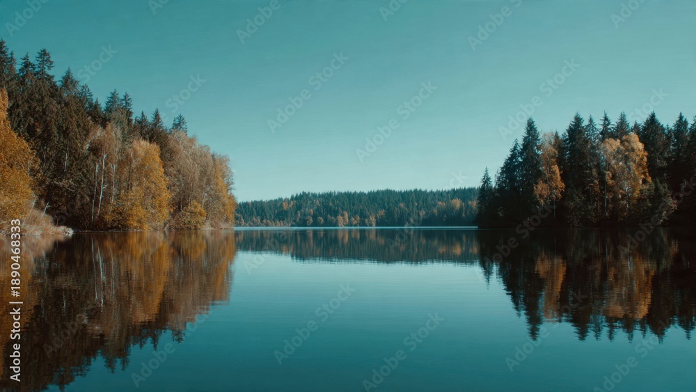 Obraz premium Lake reflecting autumn forest landscape
