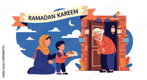 Mother and child giving food to neighbors during Ramadan, modern flat vector showing kindness, generosity, and Islamic values of sharing