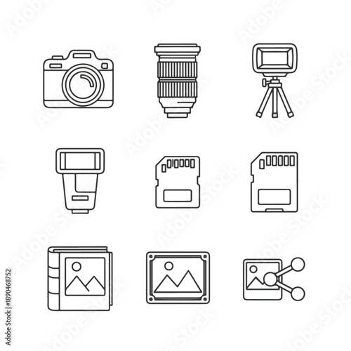 Camera, lens, tripod, memory cards and display icons