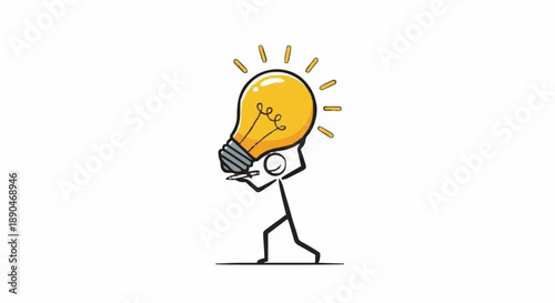 Stick figure holding a bright glowing light bulb overhead symbolizing an idea.