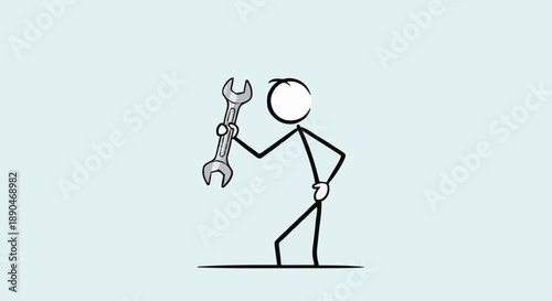Stick Figure Holding a Wrench Tool.