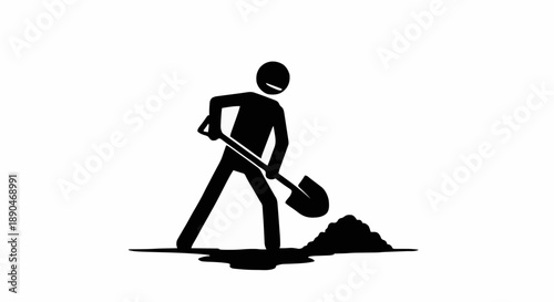 Stick figure digging with shovel in dirt pile.
