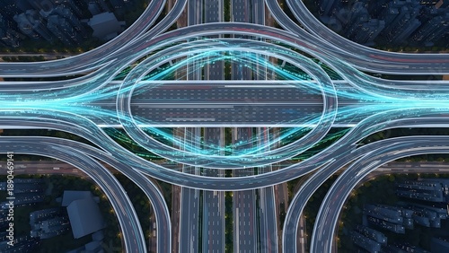 Smart city highway with digital traffic data overlays. Intelligent transportation systems and urban connectivity. High speed roads glowing with blue light network patterns at night