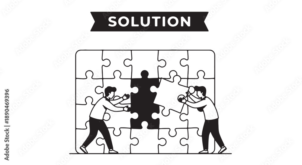 Fototapeta premium Two businessmen working together to find a solution by fitting puzzle pieces