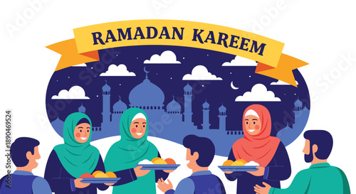 Volunteers distributing food during Ramadan, modern flat vector showing compassion, charity, and Islamic values of generosity