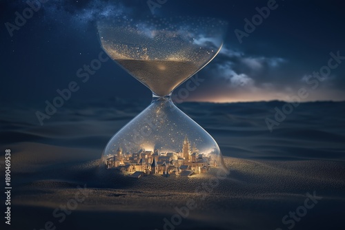 Hourglass with sand flowing from a sparkling city into a vast desert. Concept of passing time, ancient civilization, history and preservation.