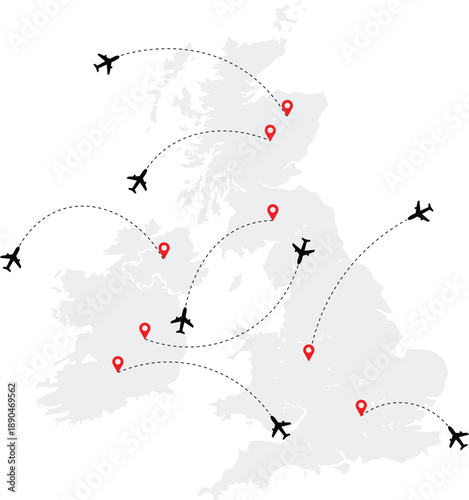 United Kingdom map with airplane routes and location pins. Clean vector illustration showing air travel connections and destinations. Perfect for tourism, transportation, and route planning concepts.