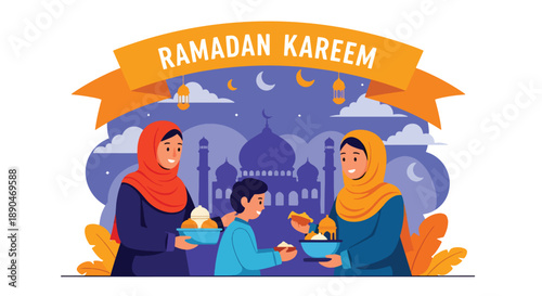 Volunteers distributing food during Ramadan, modern flat vector showing compassion, charity, and Islamic values of generosity