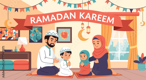 Parents teaching children how to pray during Ramadan, modern flat vector showing faith education and Islamic family values