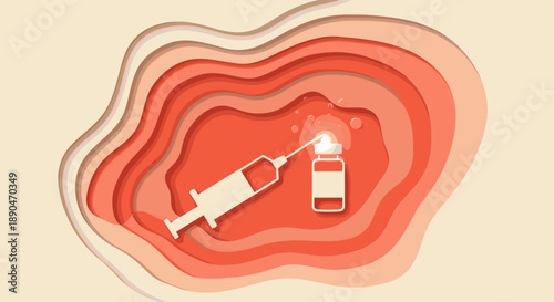 Paper cut style vaccine syringe and vial on layered background