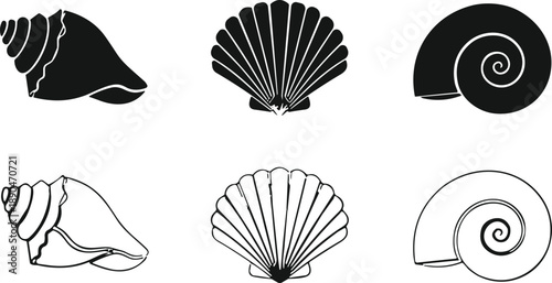 Black and White Seashell Silhouettes Set, Scallop and Snail Shell Vector Illustration, Ocean Beach Nautical Decorative Design Elements for Summer,Black and White Seashell Silhouettes Set