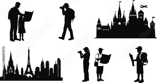 Black Silhouette of Tourists and Famous Landmarks, People with Maps and Cameras Exploring City Skyline and Fairy Tale Castle Vector,
