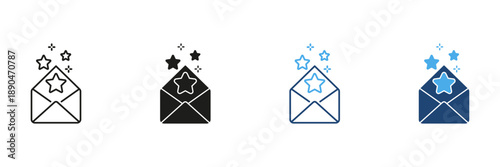 Envelope With Stars Line And Solid Icon Set. Email Notification, Special Message, And Starred Mail Outline And Silhouette Symbol Collection. Communication And Alerts. Isolated Vector Illustration