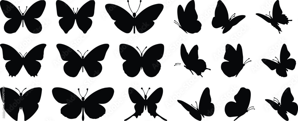 Fototapeta premium Black Butterfly Silhouettes Collection, Elegant Flying Insect Icons Vector Set, Minimalist Nature Design Elements for Spring and Garden Themed Projects,