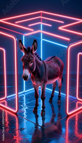 Donkey Standing in a Neon-Lit Futuristic Space with Vibrant Blue and Red Light Reflections