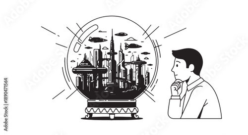 Man contemplating futuristic cityscape in crystal ball with flying saucers