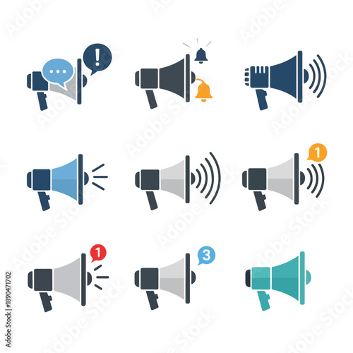 Megaphone icons with notification symbols