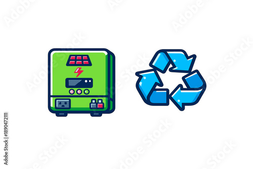 Green portable solar power inverter battery station and blue recycling symbol