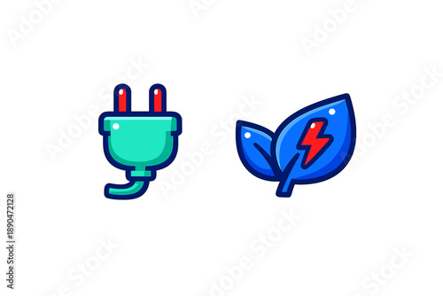 Electric plug and leaf icons symbolizing sustainable green energy sources