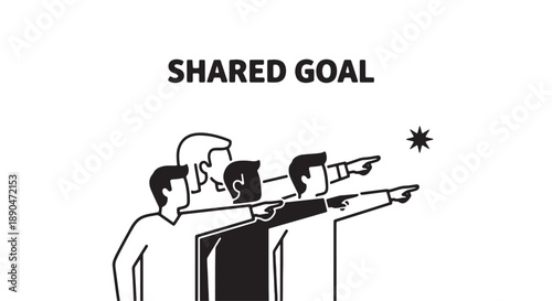 Three people pointing together towards a shared goal in unity and cooperation