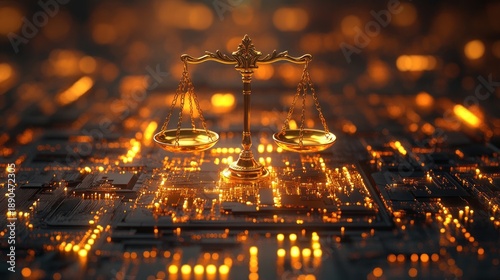 Golden Scales of Justice on a Glowing Digital Circuit Board Representing Legal Technology and Data