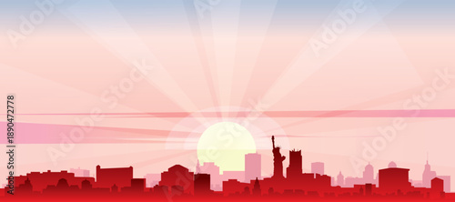 Red panoramic poster of the city skyline with misty background buildings, sunrise, moon and clouds of NEW YORK, UNITED STATES