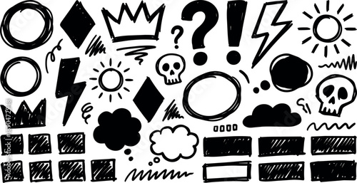 Hand drawn black sketch doodles including crowns skulls speech bubbles question exclamation marks lightning sun shapes and abstract lines